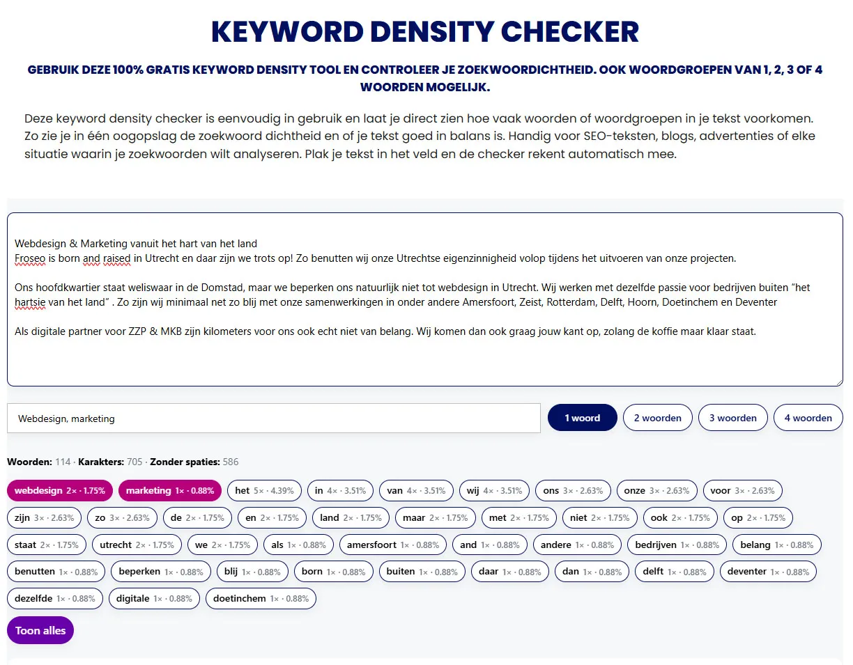 Keyword density checker: voorbeeld van de gratis tool in gebruik