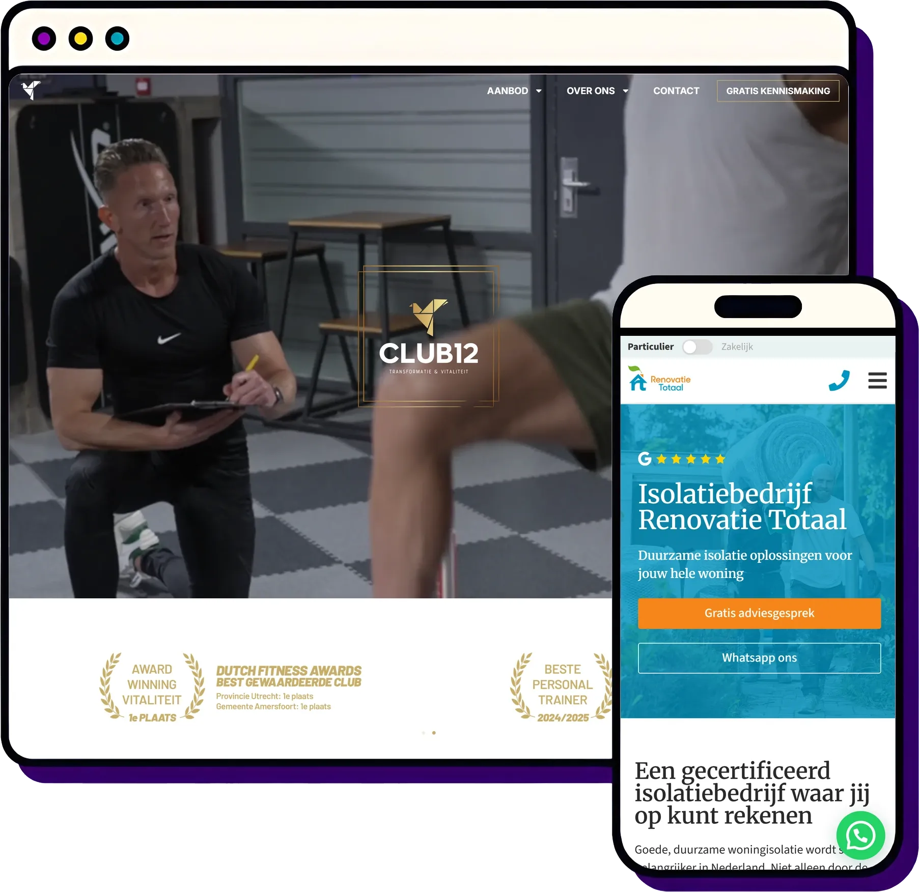 Lokale SEO door Froseo: Club12 op desktop, Renovatie Totaal op mobiel