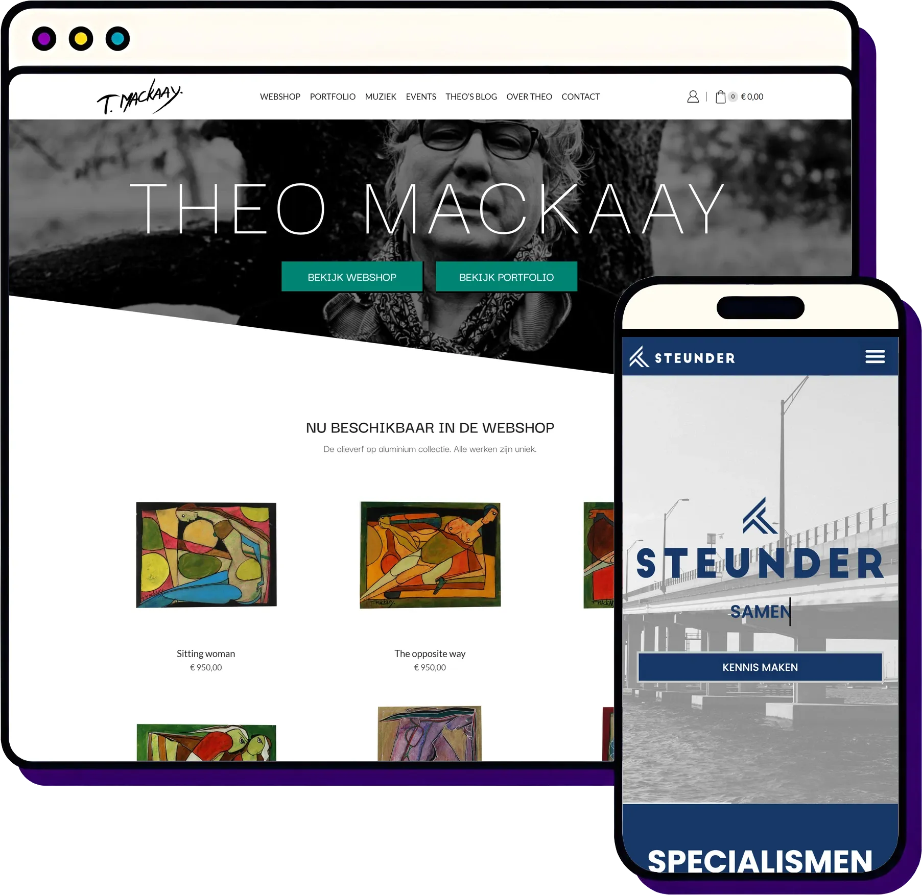 Webdesign in Maarssen door Froseo: Theo Mackaay op desktop, Steunder op mobiel