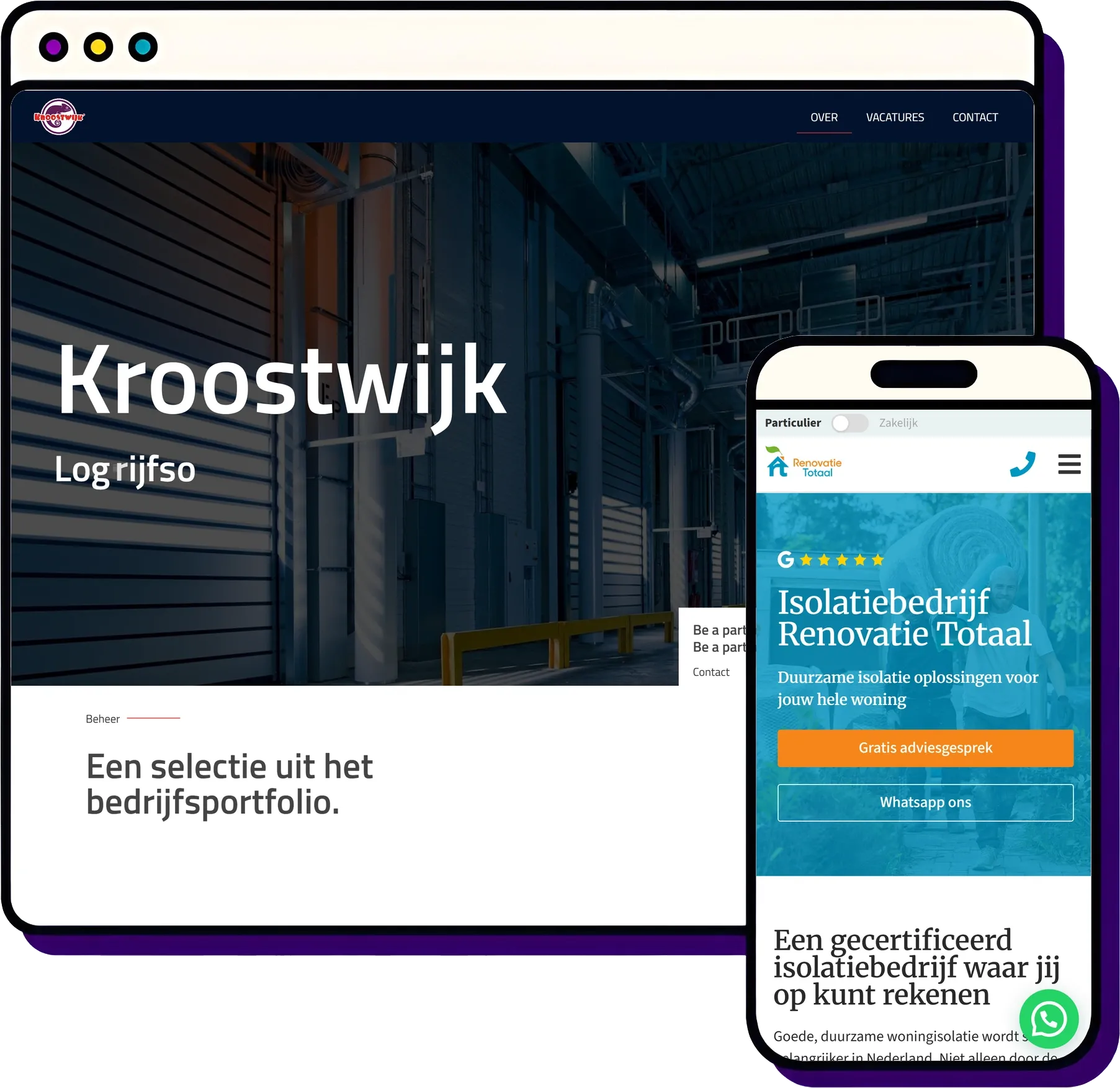 SEO bureau Utrecht — Froseo: Kroostwijk op desktop, Renovatie Totaal op mobiel