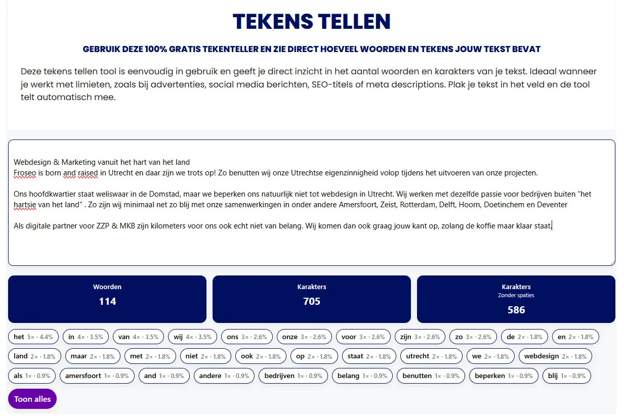 Tekens tellen: voorbeeld van de gratis online teken-teller in gebruik