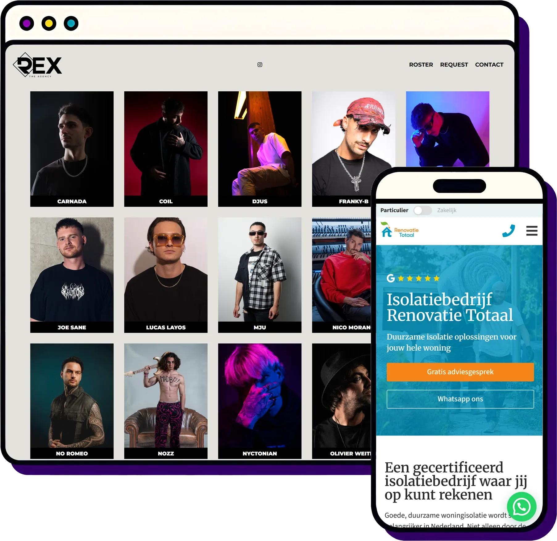 Maatwerk webdesign door Froseo: Rex The Agency op desktop, Renovatie Totaal op mobiel