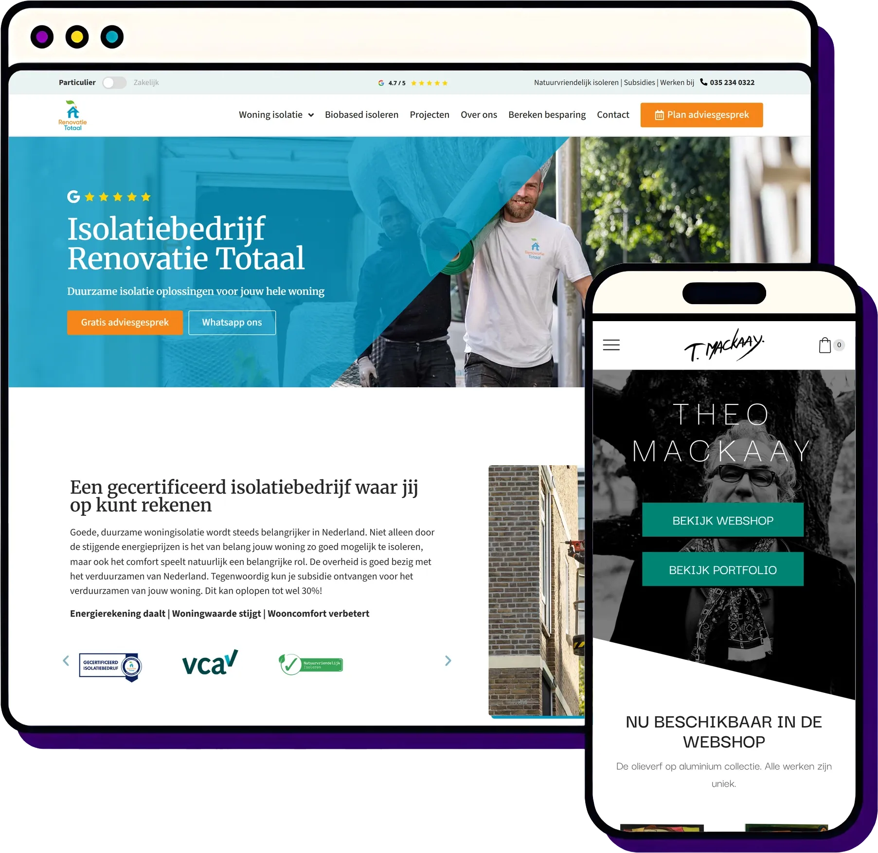 Website onderhoud door Froseo: Renovatie Totaal op desktop, Theo Mackaay op mobiel