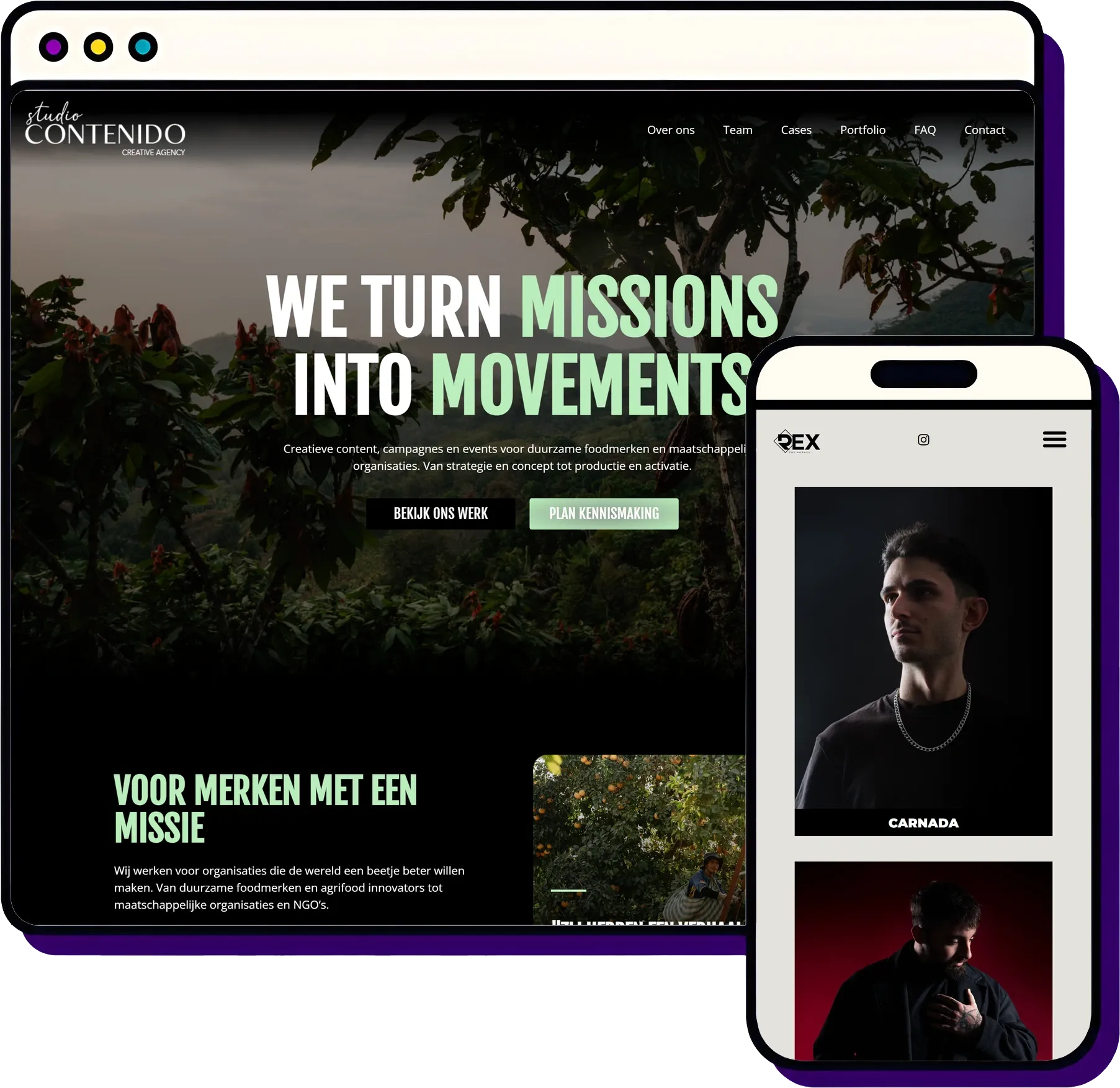 Website opfrissen door Froseo: Studio Contenido op desktop, Rex The Agency op mobiel