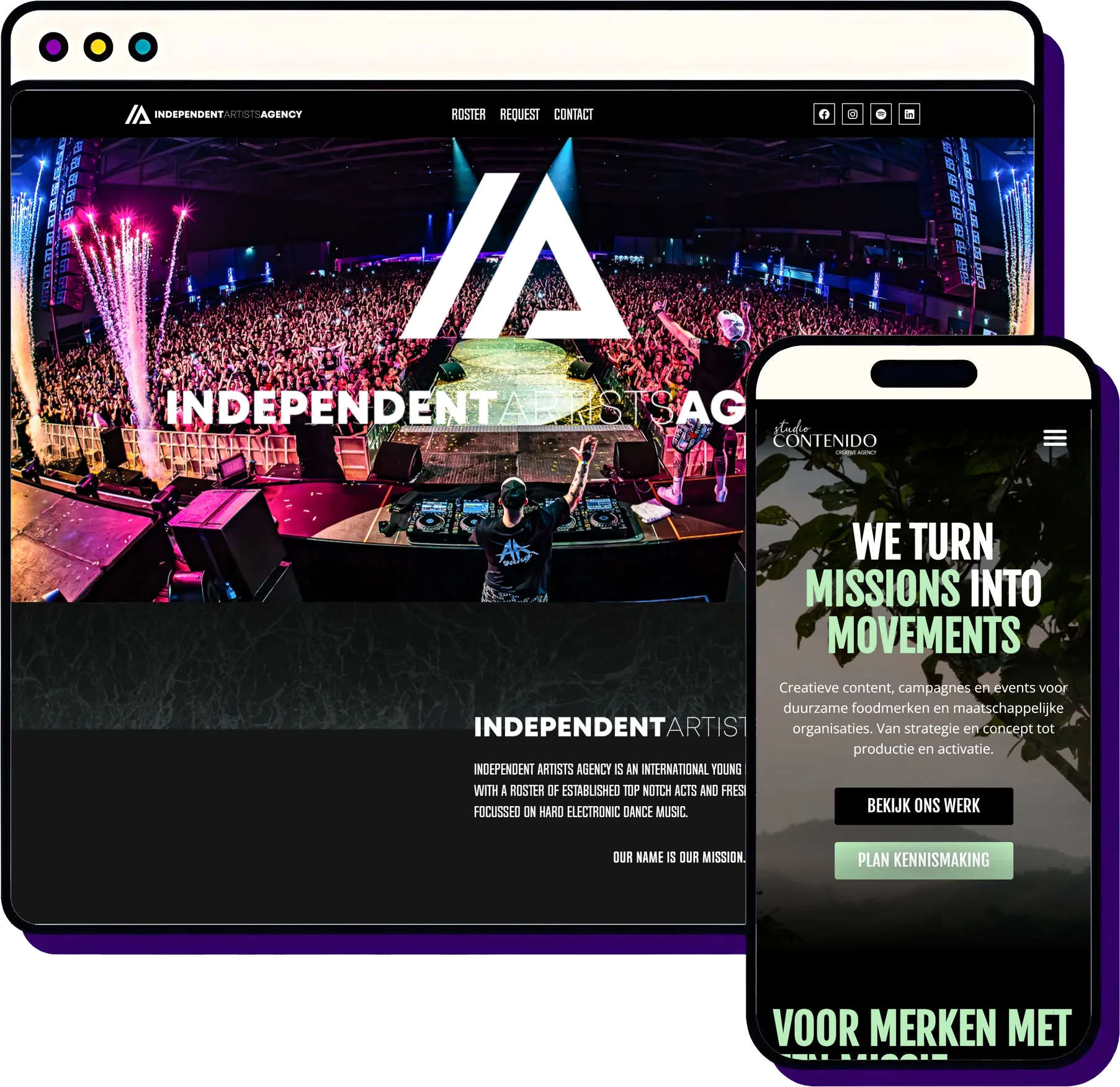 Website optimalisatie door Froseo: Independent Artists Agency op desktop, Studio Contenido op mobiel