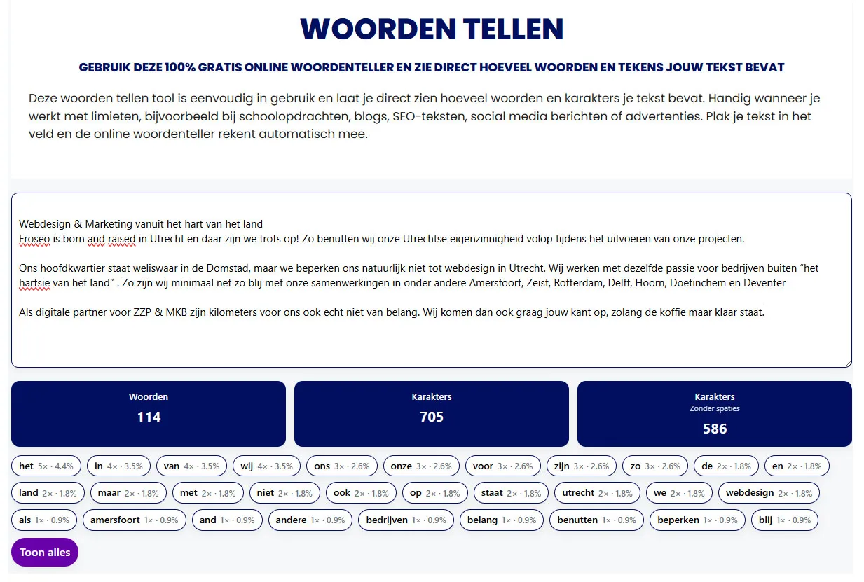 Woorden tellen: voorbeeld van de gratis online woordenteller in gebruik