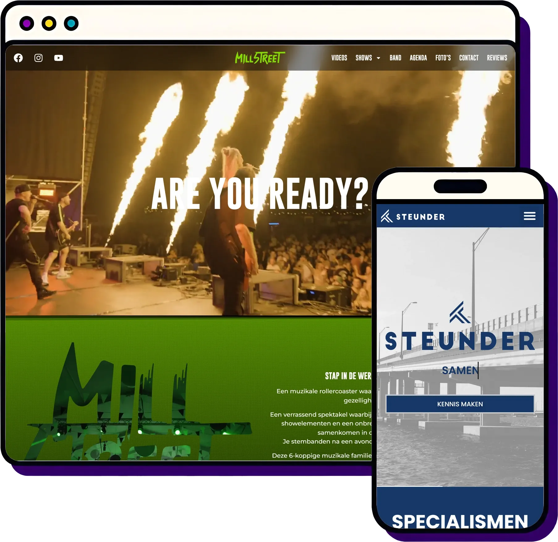 WordPress website onderhoud door Froseo: Millstreet op desktop, Steunder op mobiel